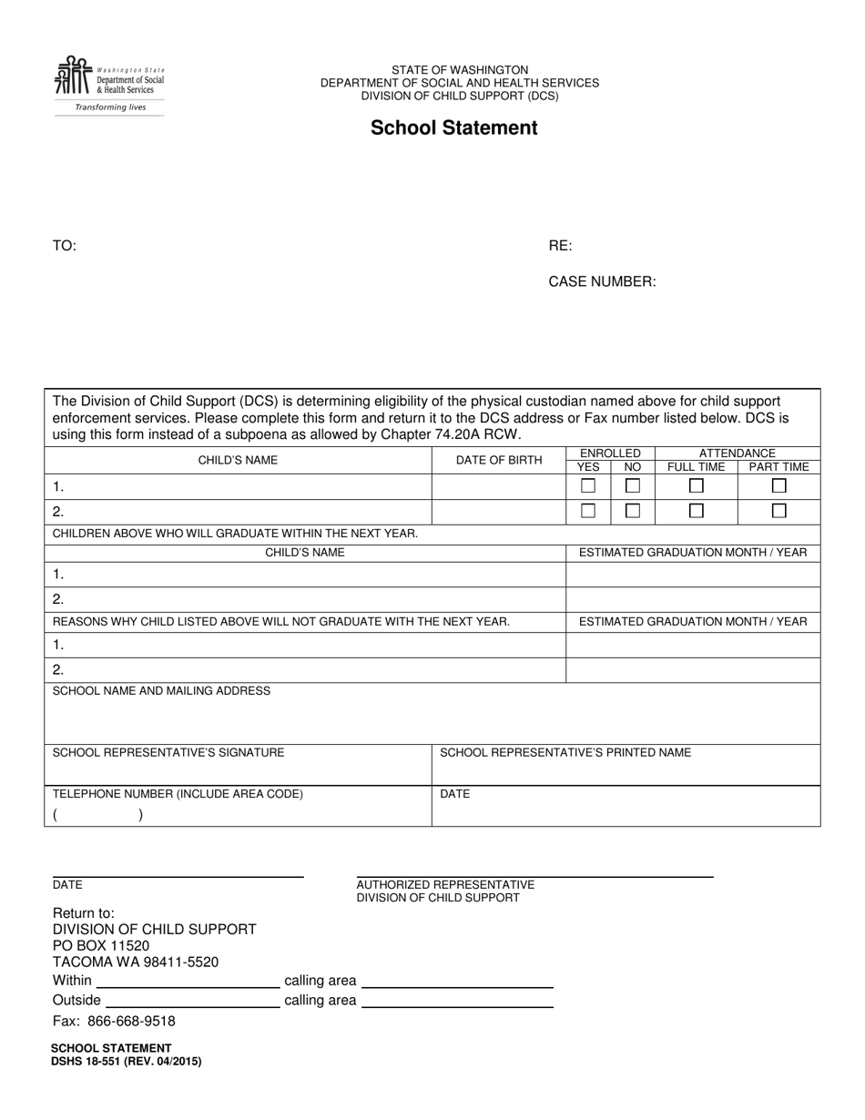 DSHS Form 18-551 School Statement - Washington, Page 1