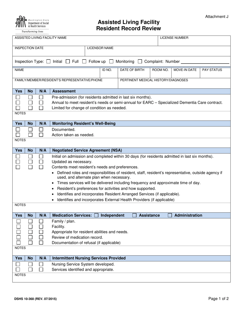 DSHS Form 10-368 Attachment J Assisted Living Facility Resident Record Review - Washington, Page 1