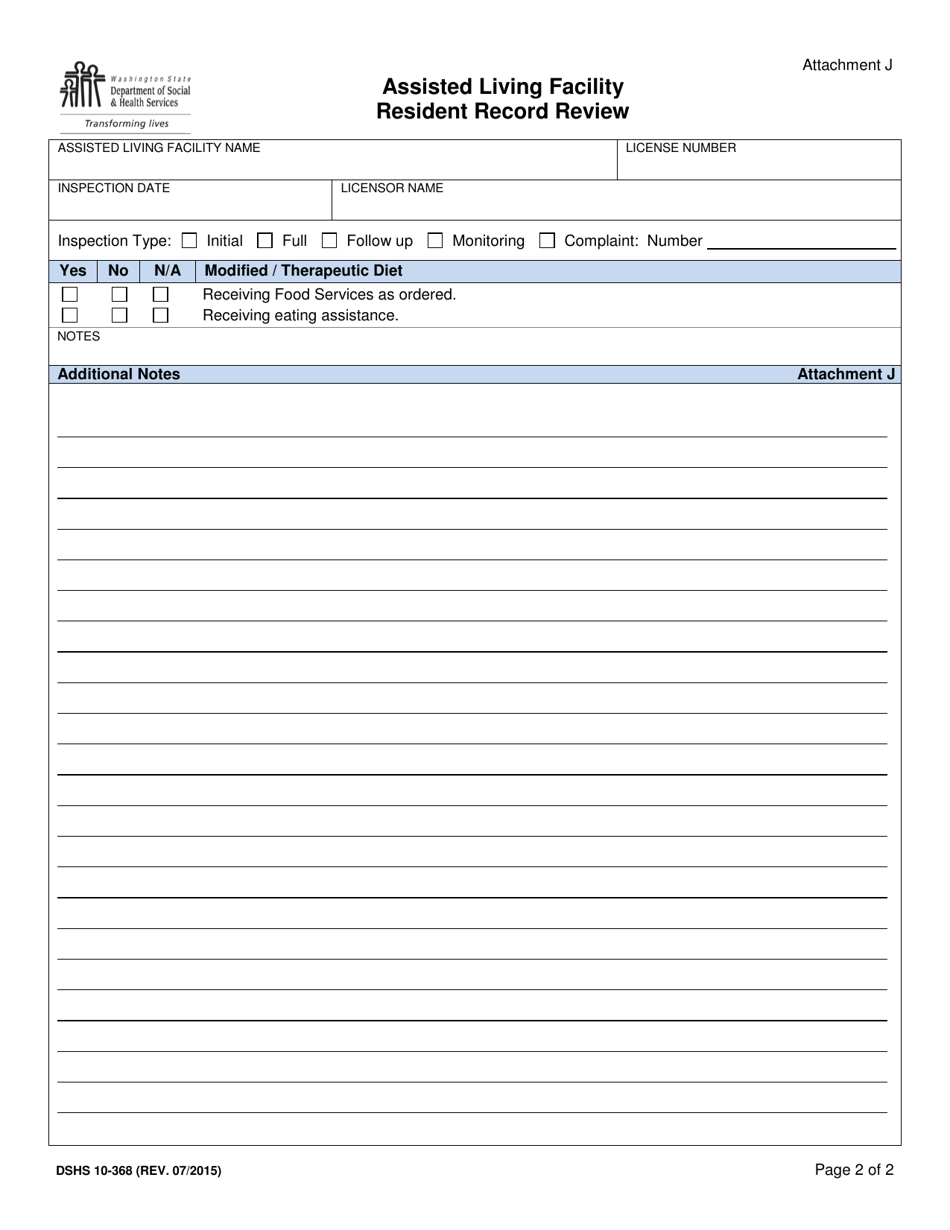 DSHS Form 10-368 Attachment J Assisted Living Facility Resident Record Review - Washington, Page 2