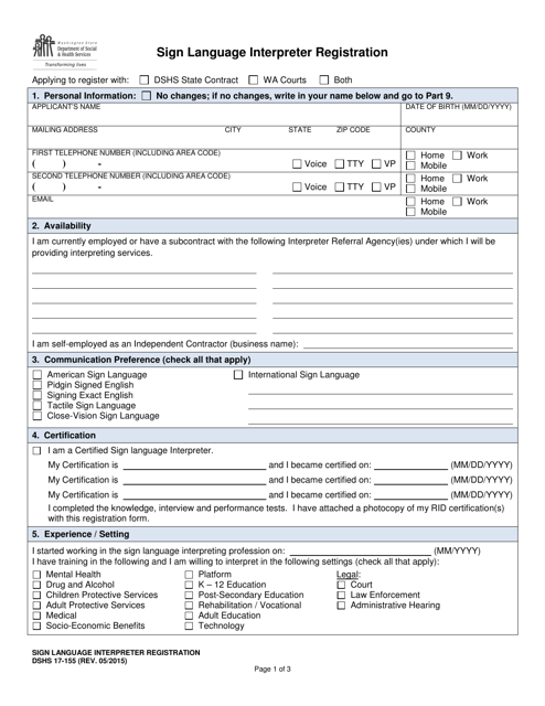 DSHS Form 17-155 Sign Language Interpreter Registration - Washington