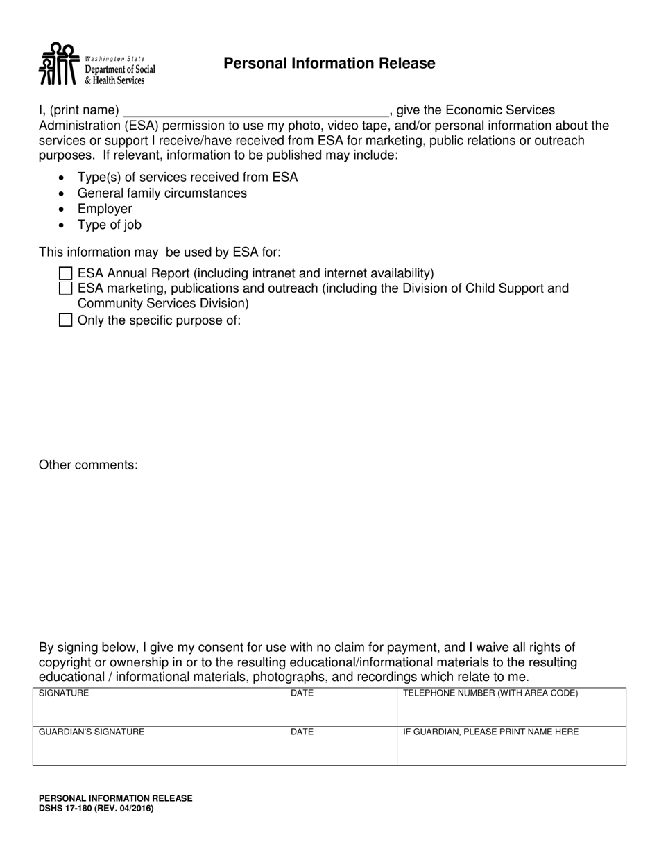 DSHS Form 17-180 Personal Information Release - Washington, Page 1