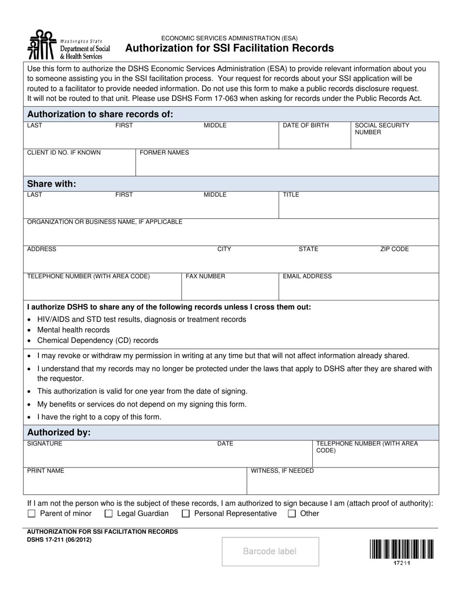 DSHS Form 17-211 Authorization for Ssi Facilitation Records - Washington, Page 1