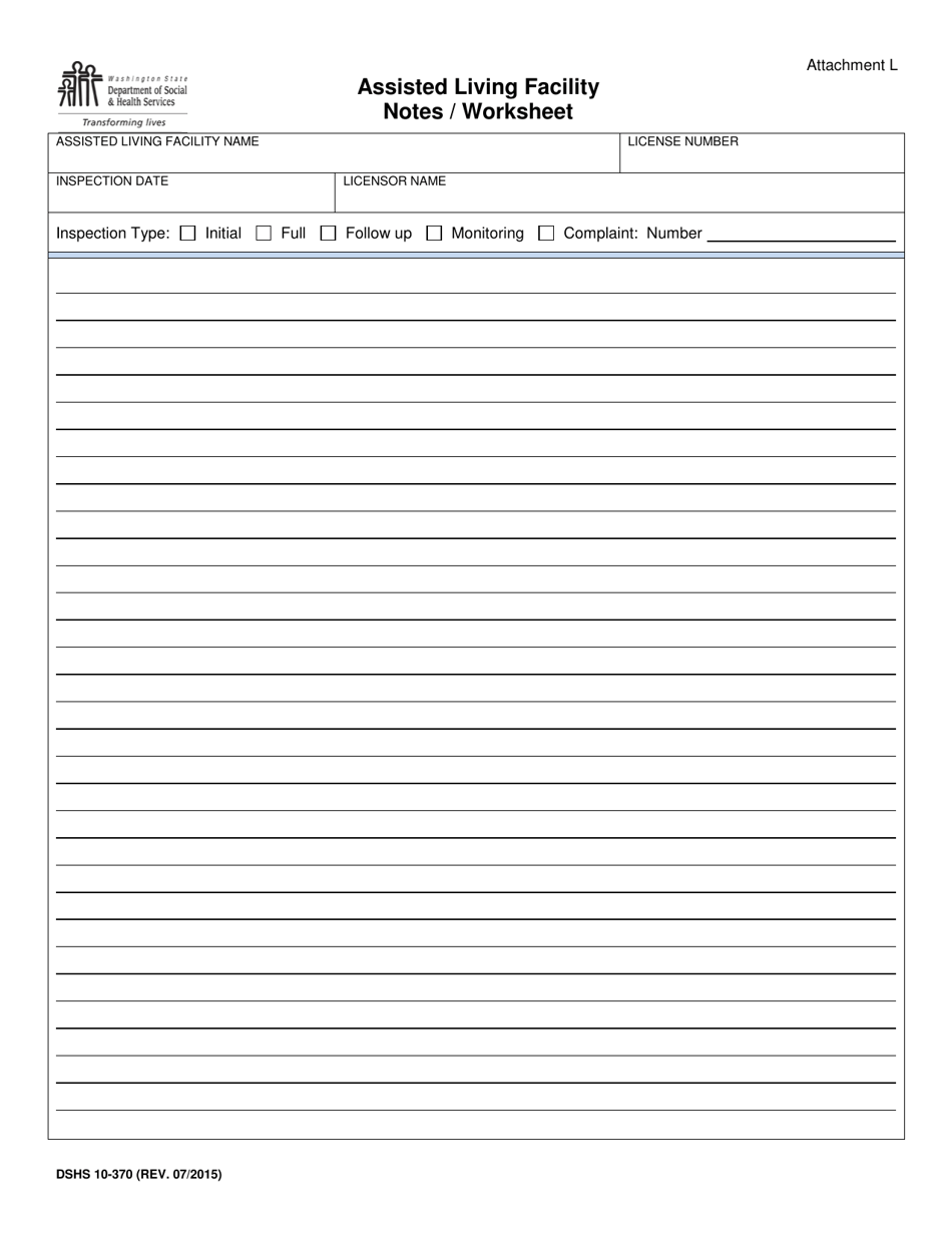 DSHS Form 10-370 Attachment L Assisted Living Facility Notes / Worksheet - Washington, Page 1