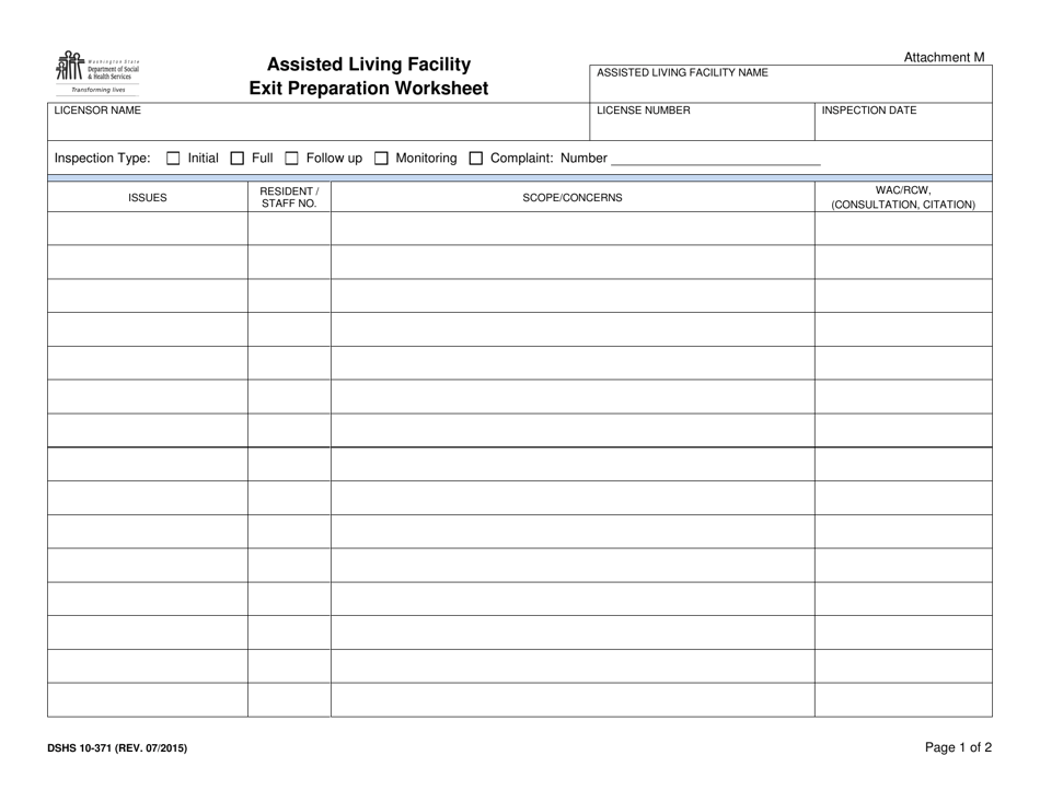 DSHS Form 10-371 Attachment M Assisted Living Facility Exit Preparation Worksheet - Washington, Page 1