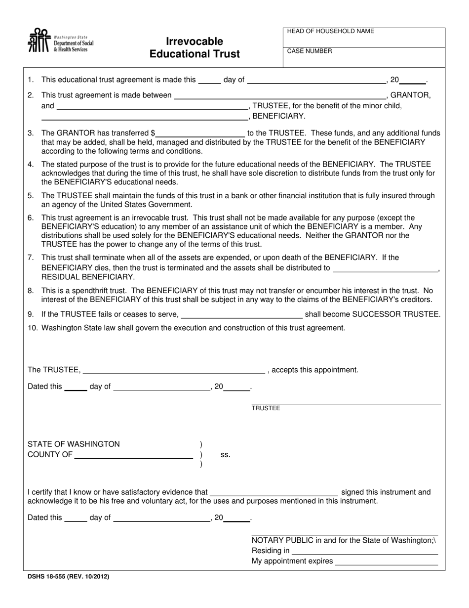 DSHS Form 18-555 Irrevocable Educational Trust - Washington, Page 1