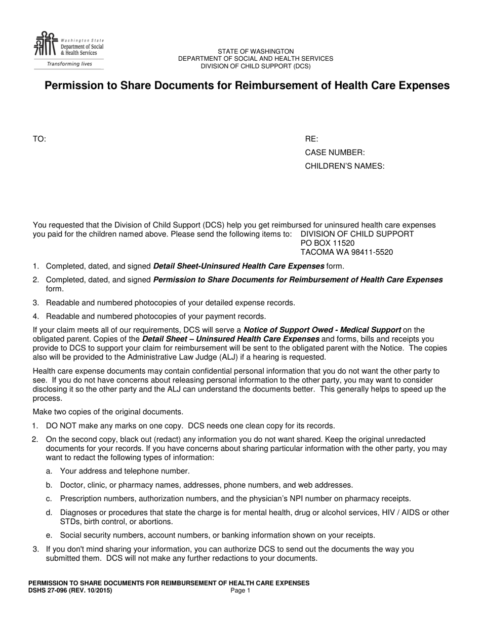 DSHS Form 27-096 Permission to Share Documents for Reimbursement of Health Care Expenses - Washington, Page 1