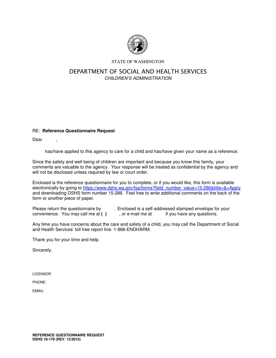 DSHS Form 16-179 Reference Questionnaire Request - Washington, Page 1