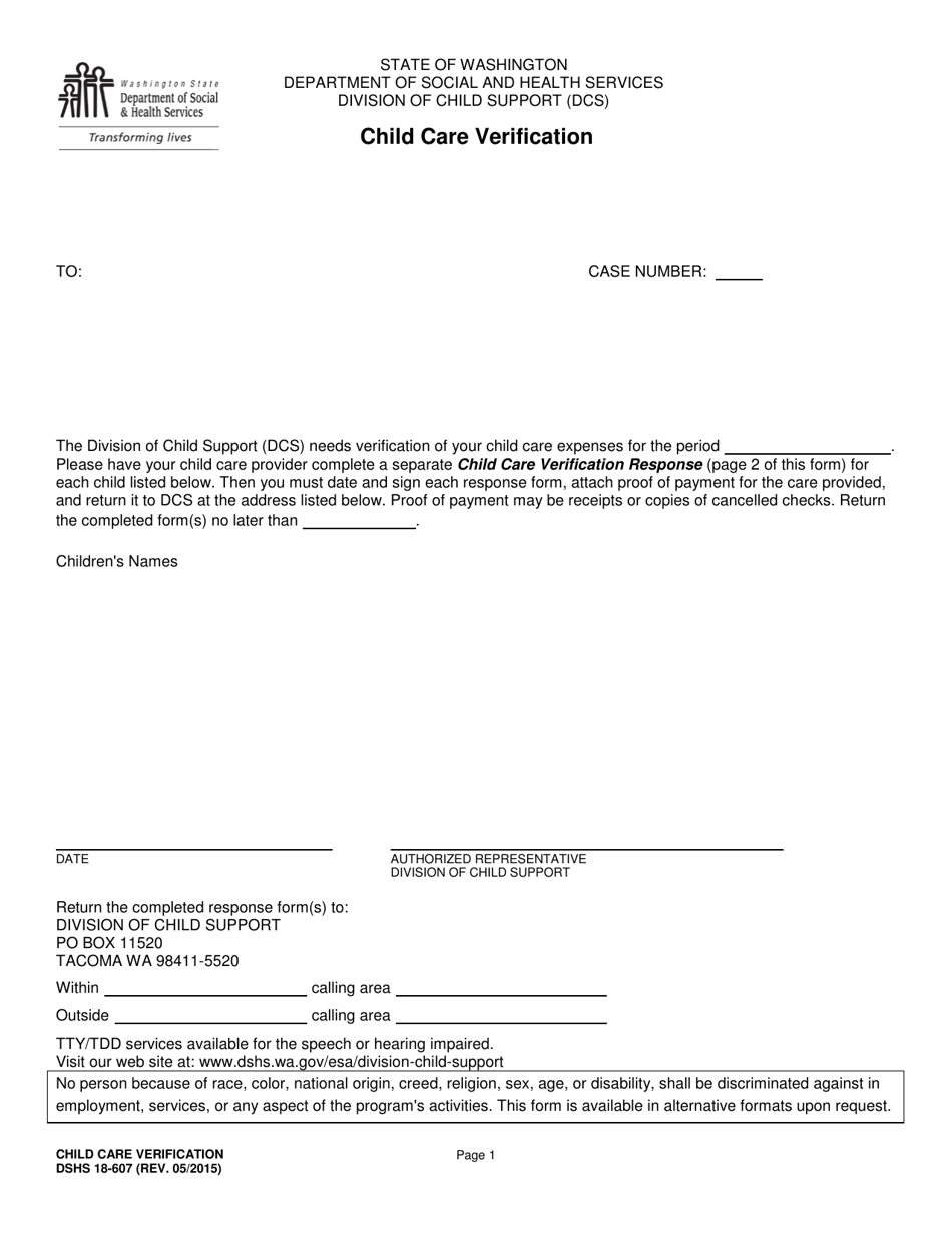 DSHS Form 18-607 Child Care Verification - Washington, Page 1