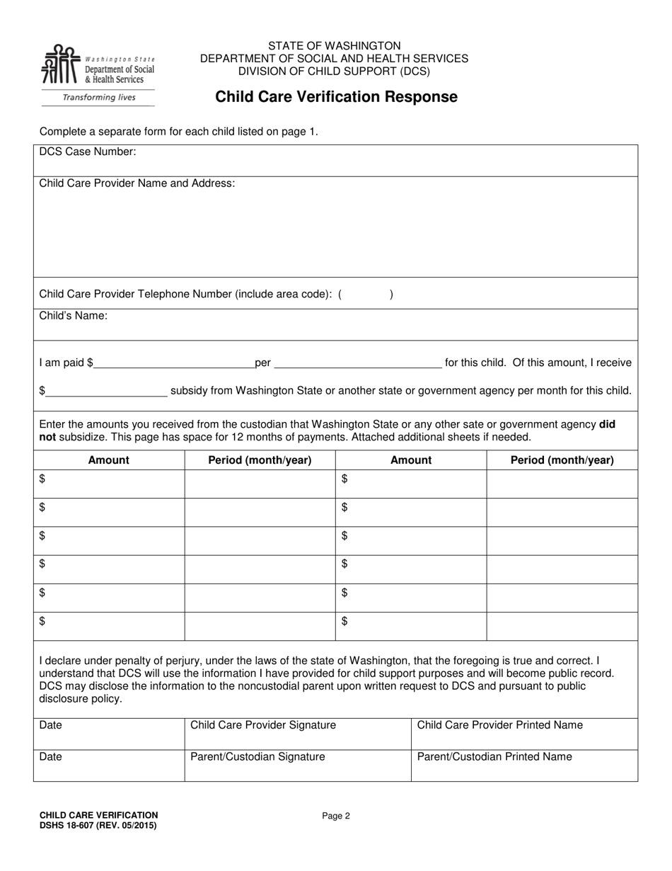 DSHS Form 18-607 Child Care Verification - Washington, Page 2