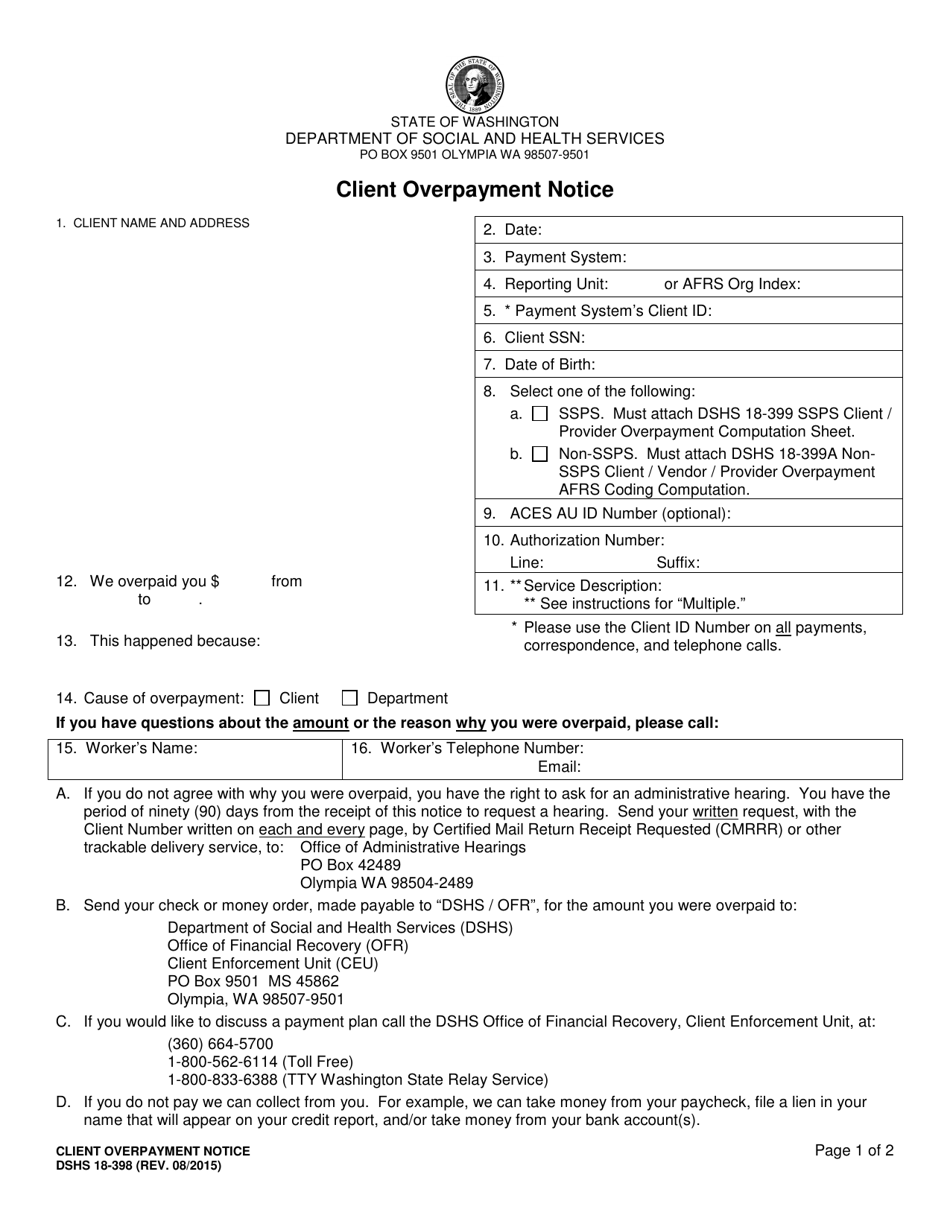 DSHS Form 18-398 Client Overpayment Notice - Washington, Page 1