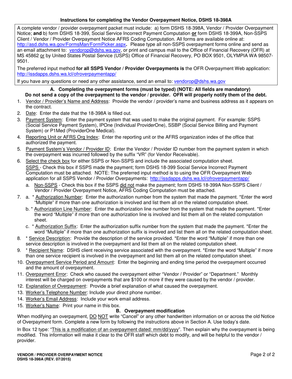 DSHS Form 18-398A Vendor / Provider Overpayment Notice - Washington, Page 2