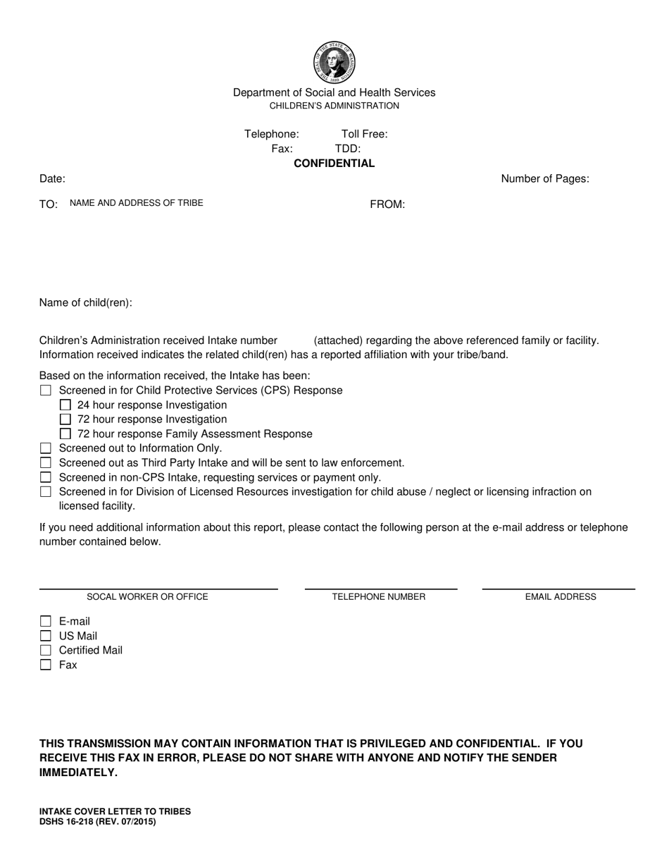 DSHS Form 16-218 Intake Cover Letter to Tribes - Washington, Page 1