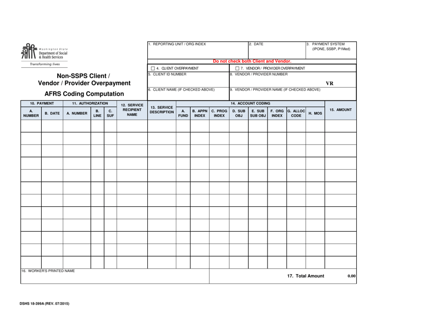 DSHS Form 18-399A  Printable Pdf