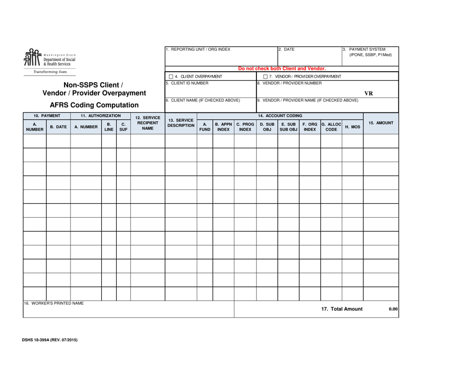 DSHS Form 18-399A Non-ssps Client / Provider Overpayment Afrs Coding Computation - Washington, Page 1