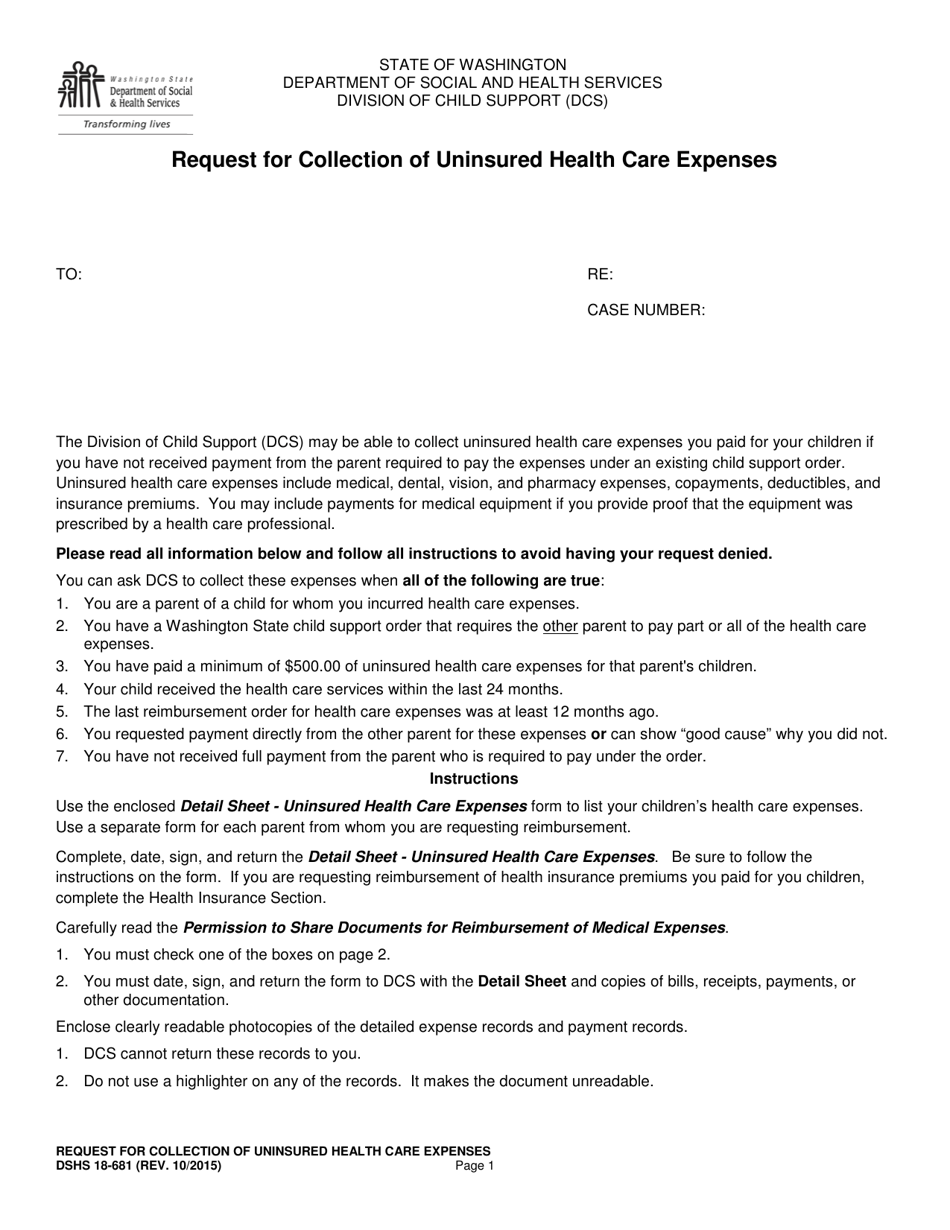 DSHS Form 18-681 Request for Collection of Uninsured Health Care Expenses - Washington, Page 1