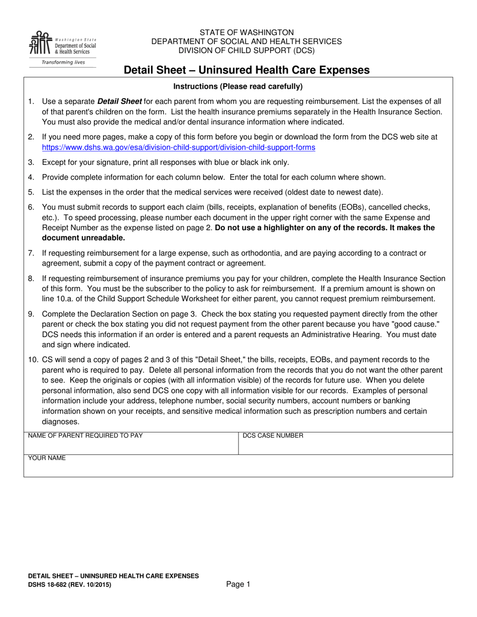 DSHS Form 18-682 Detail Sheet - Uninsured Health Care Expenses - Washington, Page 1