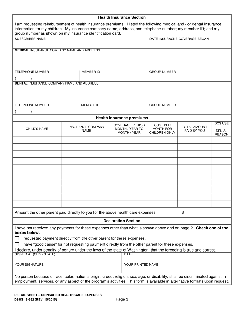 DSHS Form 18-682 Detail Sheet - Uninsured Health Care Expenses - Washington, Page 3