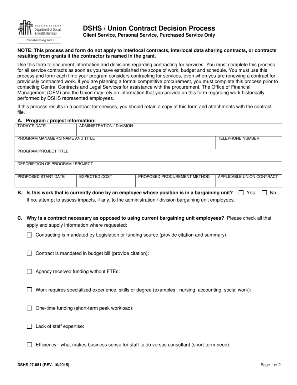 DSHS Form 27-051 Dshs / Union Contract Decision Process - Client Service, Personal Service, Purchased Service Only - Washington, Page 1