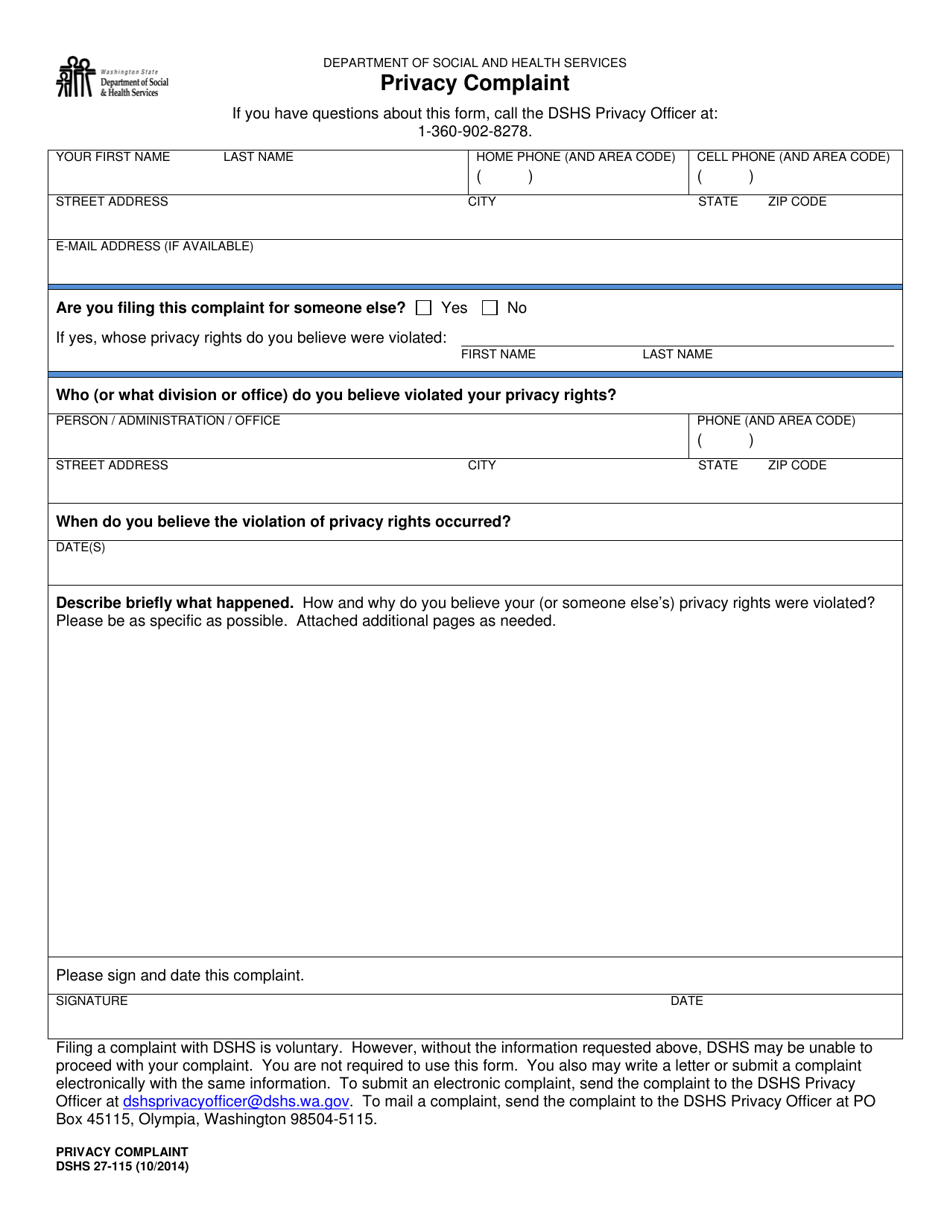 DSHS Form 27-115 Privacy Complaint - Washington, Page 1