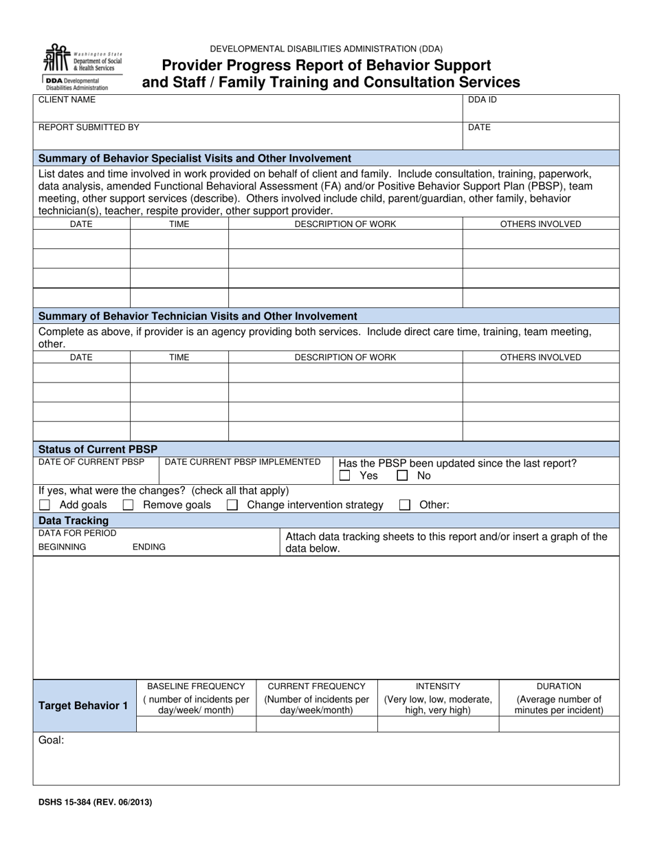 DSHS Form 15-384 Provider Progress Report of Behavior Management and Consultation and Staff / Family Training and Consultation Services (Dda) - Washington, Page 1