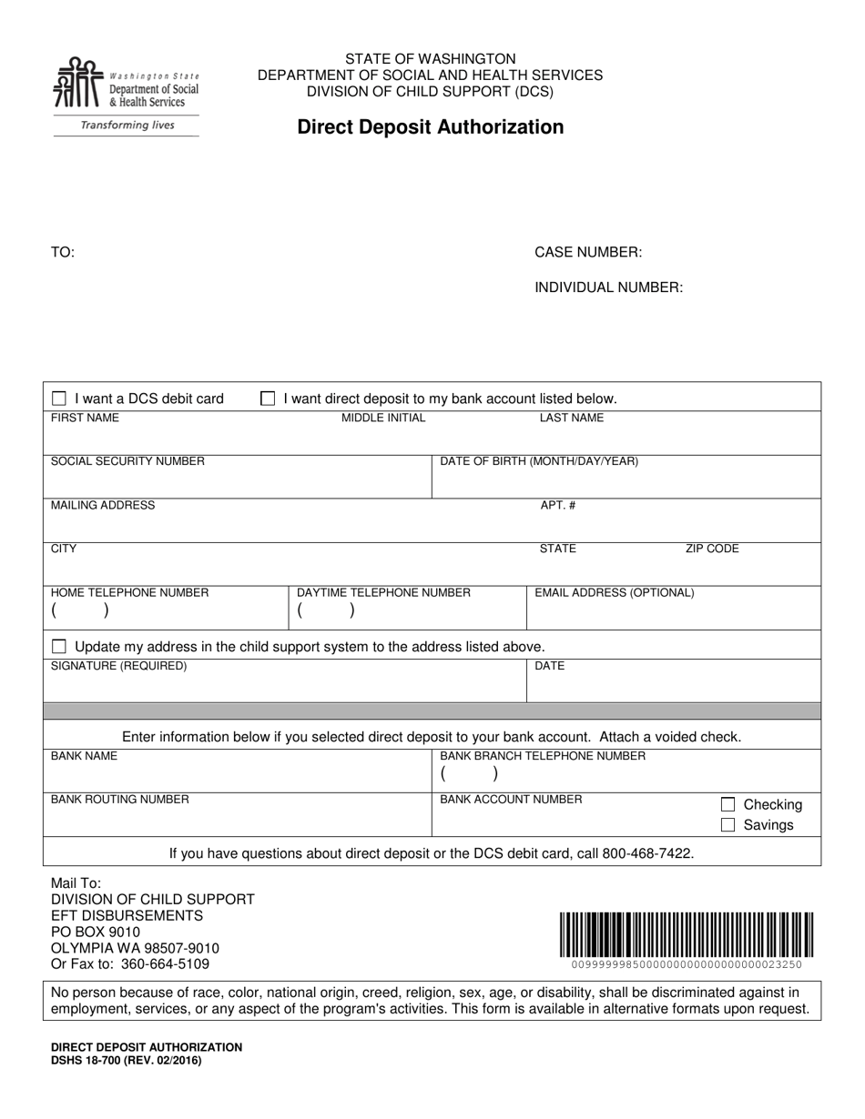 DSHS Form 18-700 Direct Deposit Authorization - Washington, Page 1
