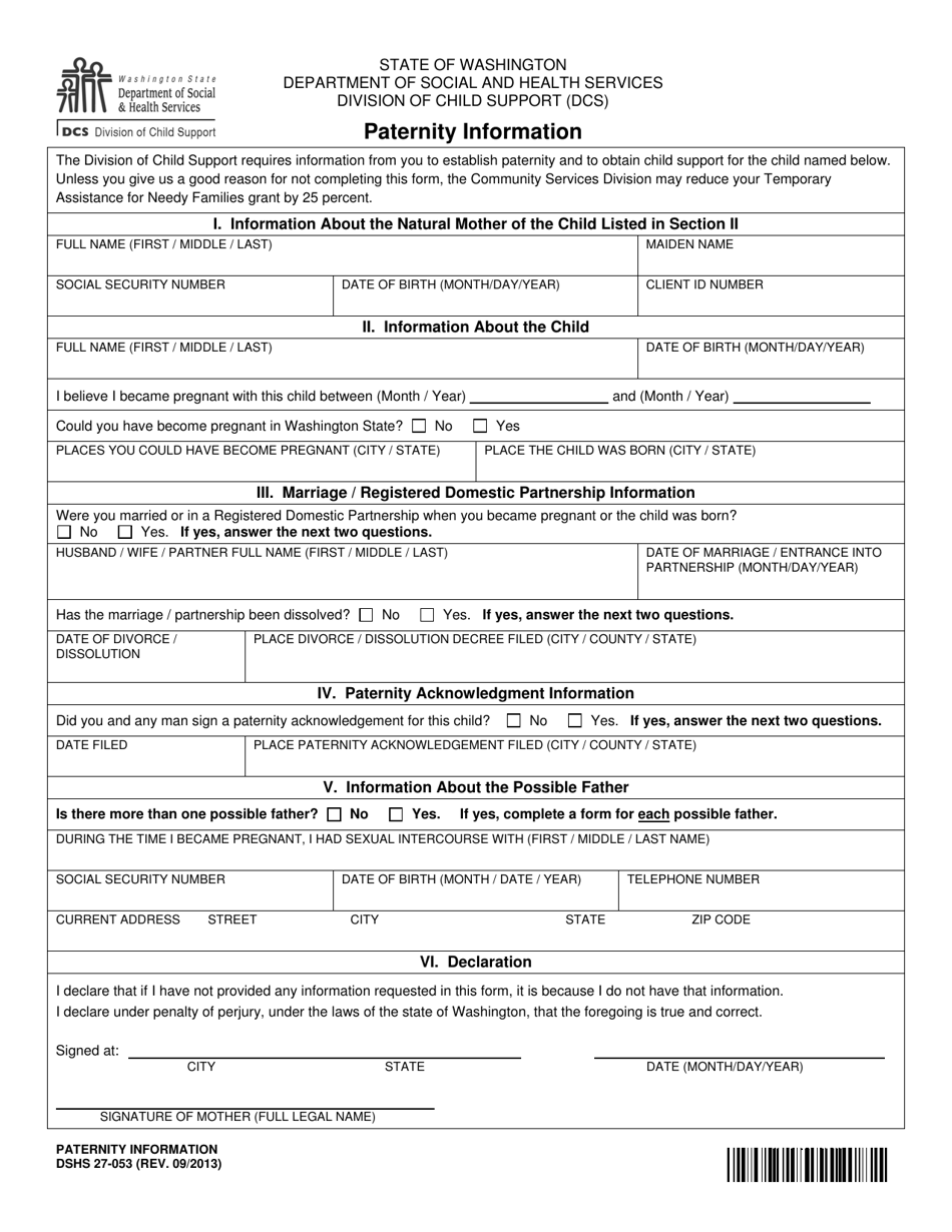 DSHS Form 27-053 Paternity Information - Washington, Page 1