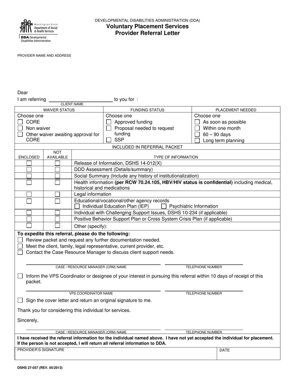 DSHS Form 27-057 Voluntary Placement Services Provider Referral Letter - Washington, Page 1