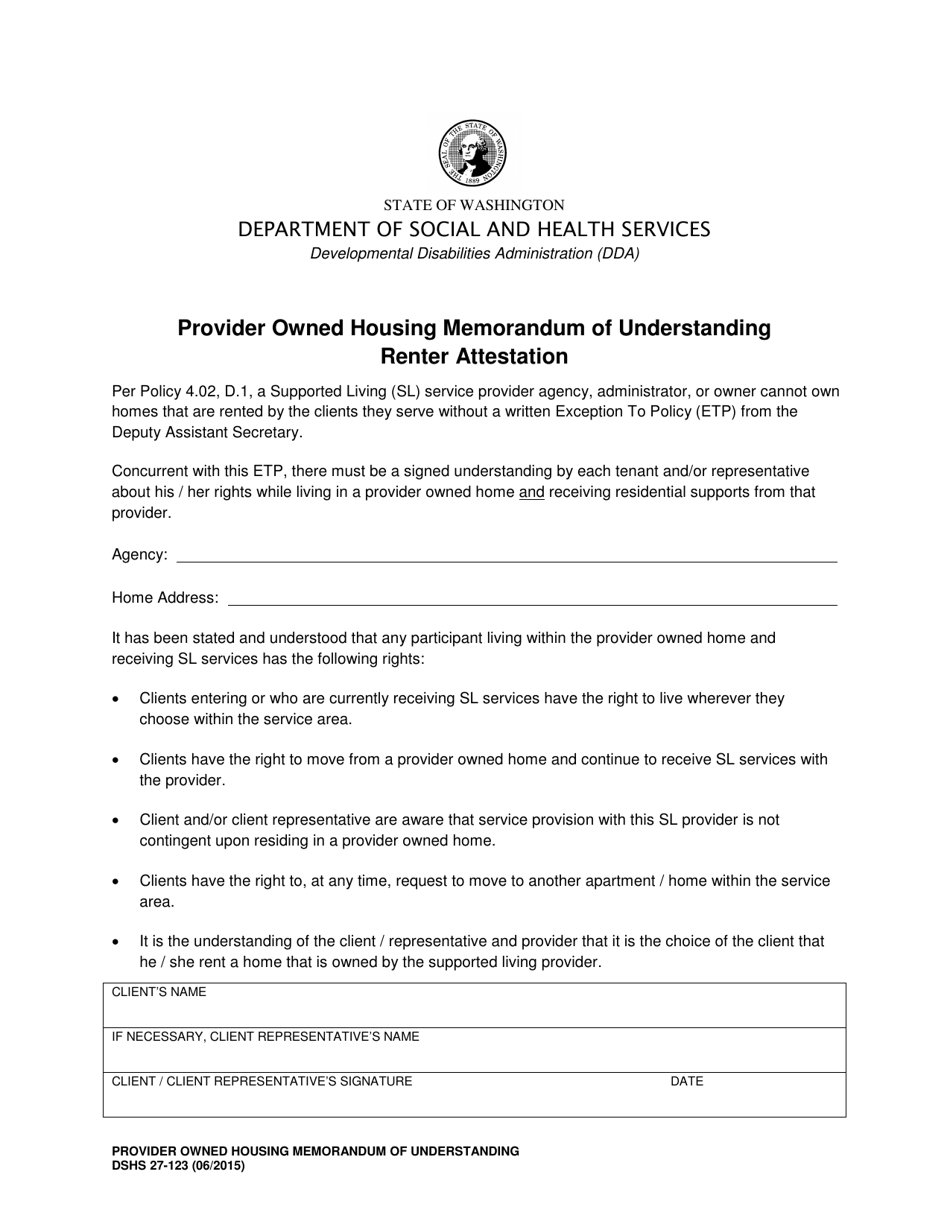 DSHS Form 27-123 Provider Owned Housing Memorandum of Understanding Renter Attestation - Washington, Page 1