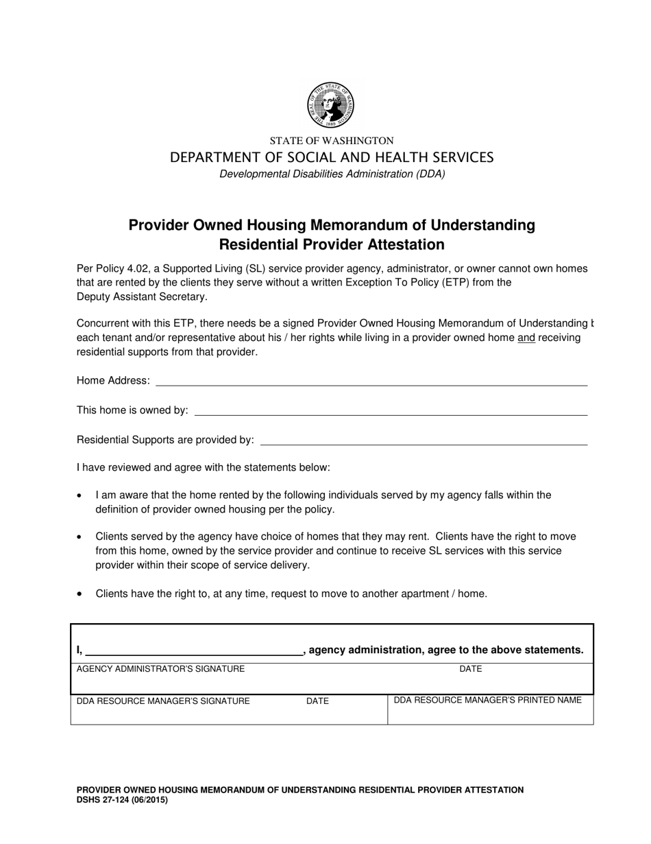 DSHS Form 27-124 Provider Owned Housing Memorandum of Understanding Residential Provider Attestation - Washington, Page 1