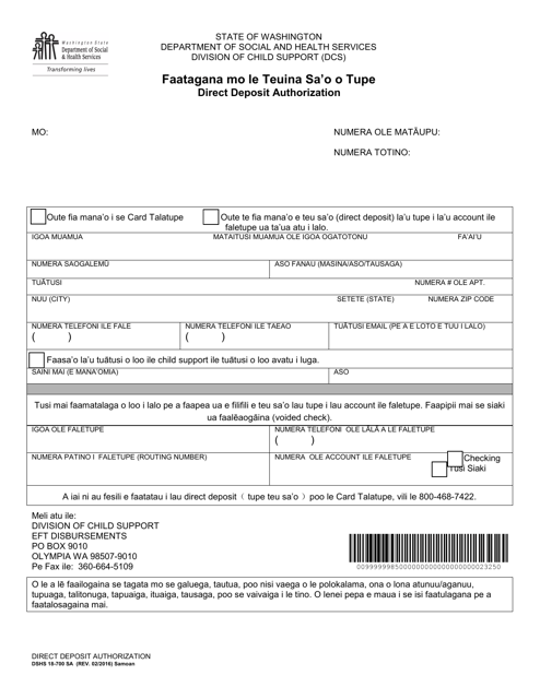 DSHS Form 18-700 Direct Deposit Authorization - Washington (Samoan)