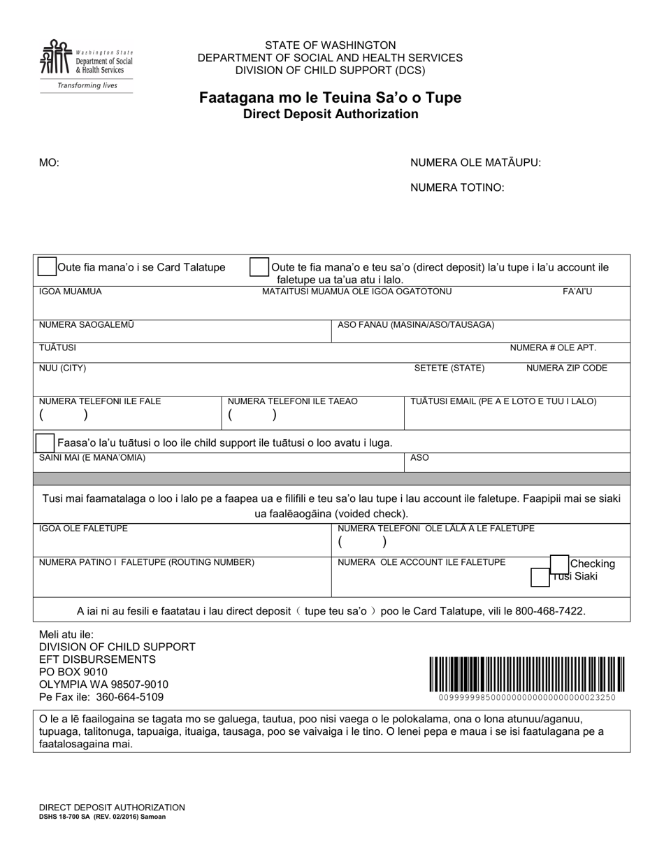 DSHS Form 18-700 Direct Deposit Authorization - Washington (Samoan), Page 1