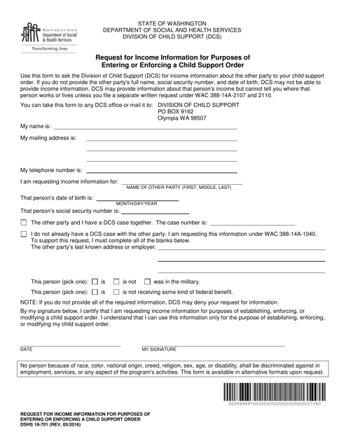 DSHS Form 18-701 Request for Income Information for Purposes of Entering or Enforcing a Child Support Order - Washington