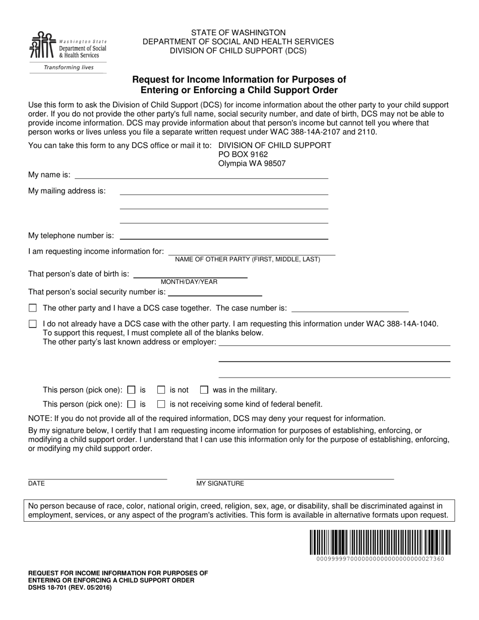DSHS Form 18-701 Request for Income Information for Purposes of Entering or Enforcing a Child Support Order - Washington, Page 1