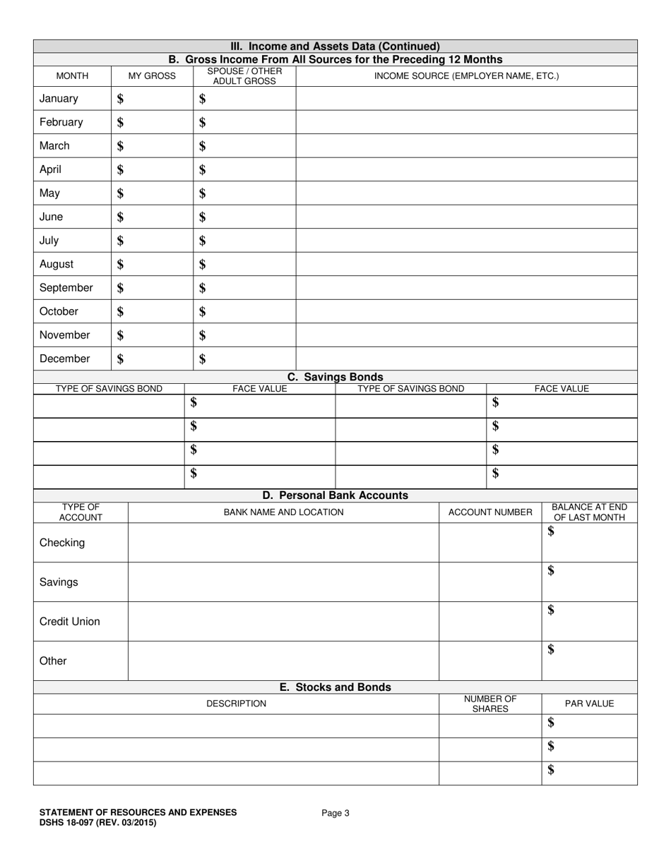 DSHS Form 18-097 Statement of Resources and Expenses - Washington, Page 3