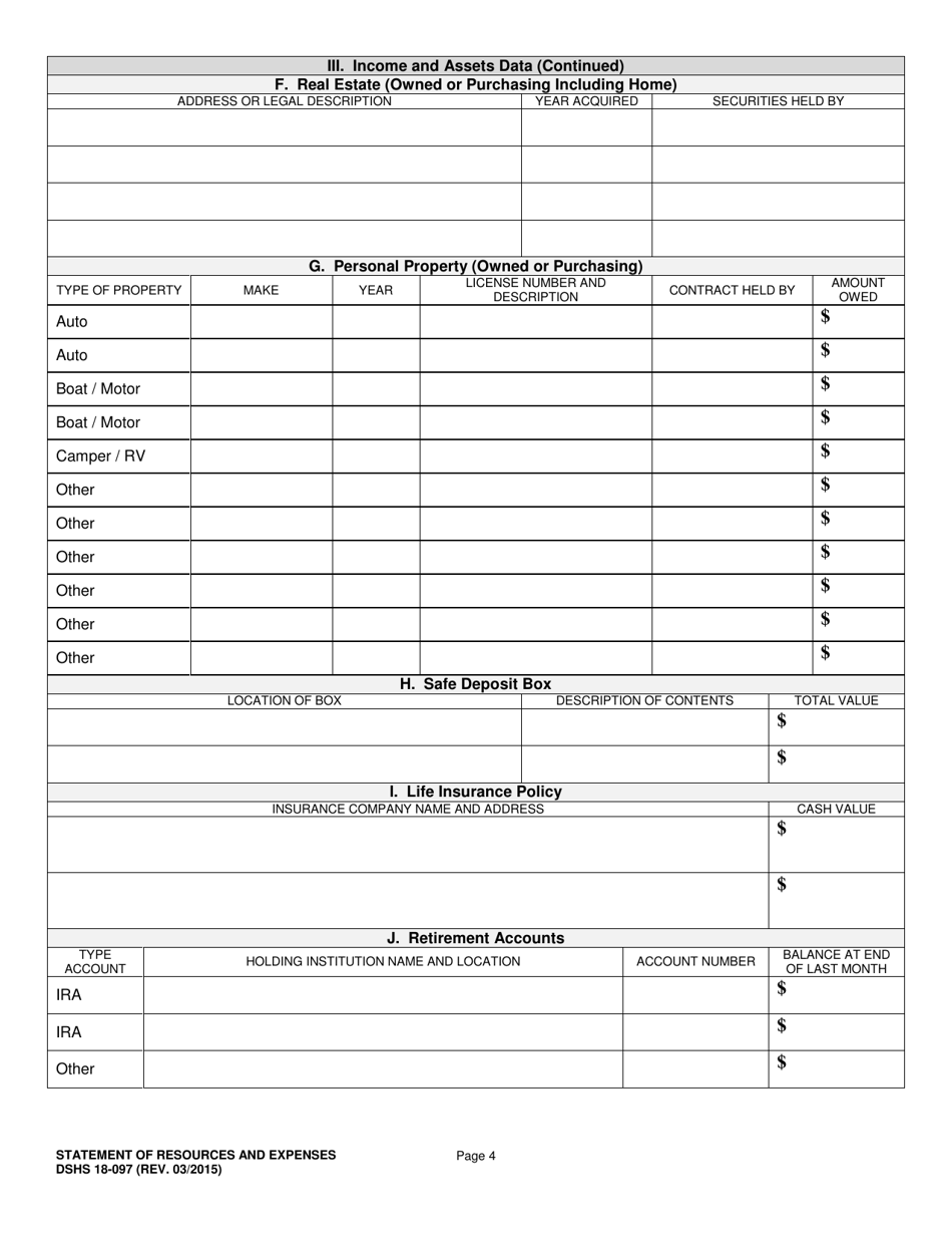 DSHS Form 18-097 Statement of Resources and Expenses - Washington, Page 4