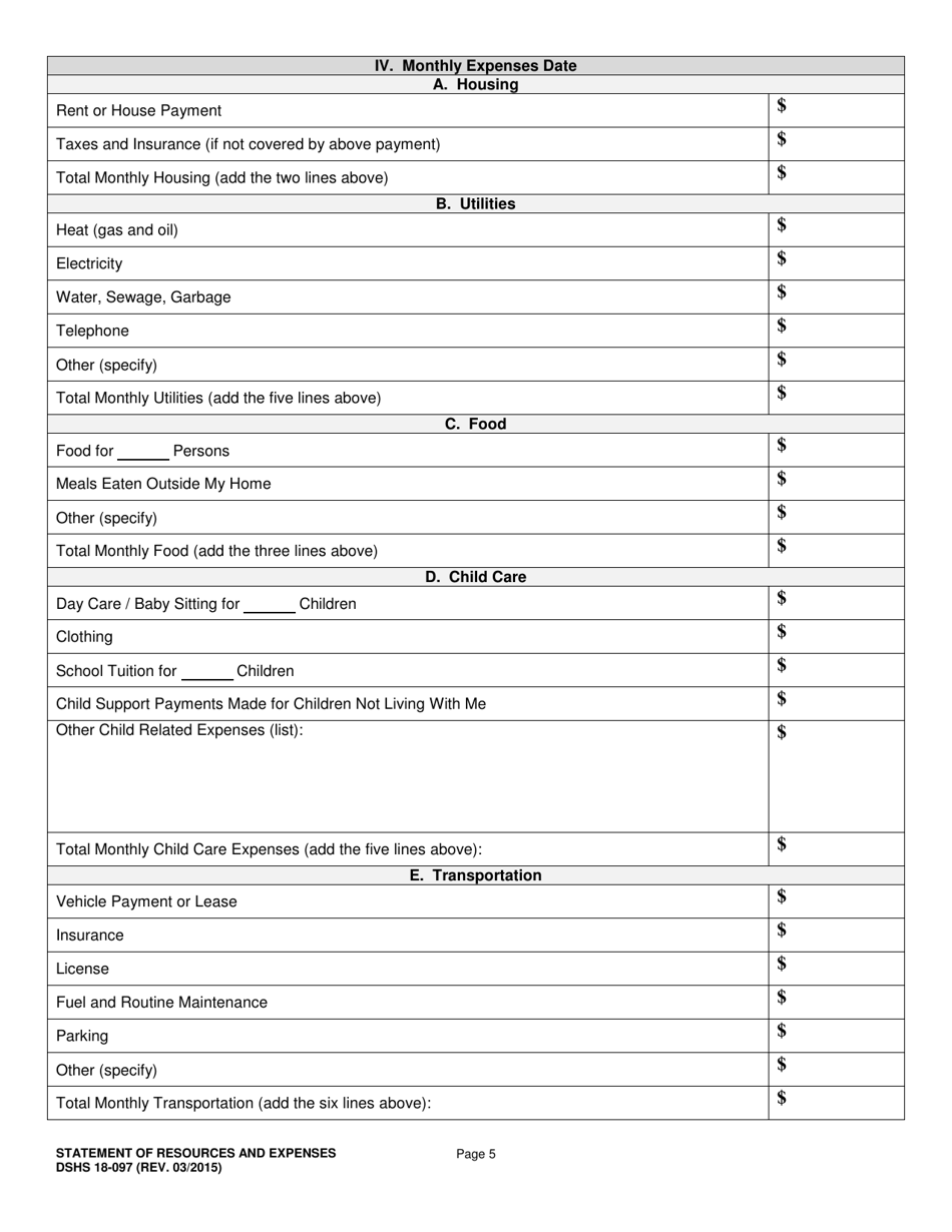 DSHS Form 18-097 Statement of Resources and Expenses - Washington, Page 5