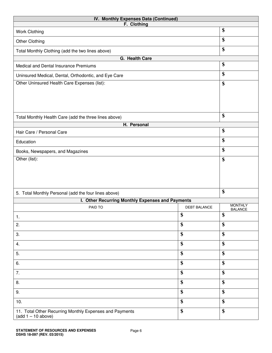 DSHS Form 18-097 Statement of Resources and Expenses - Washington, Page 6