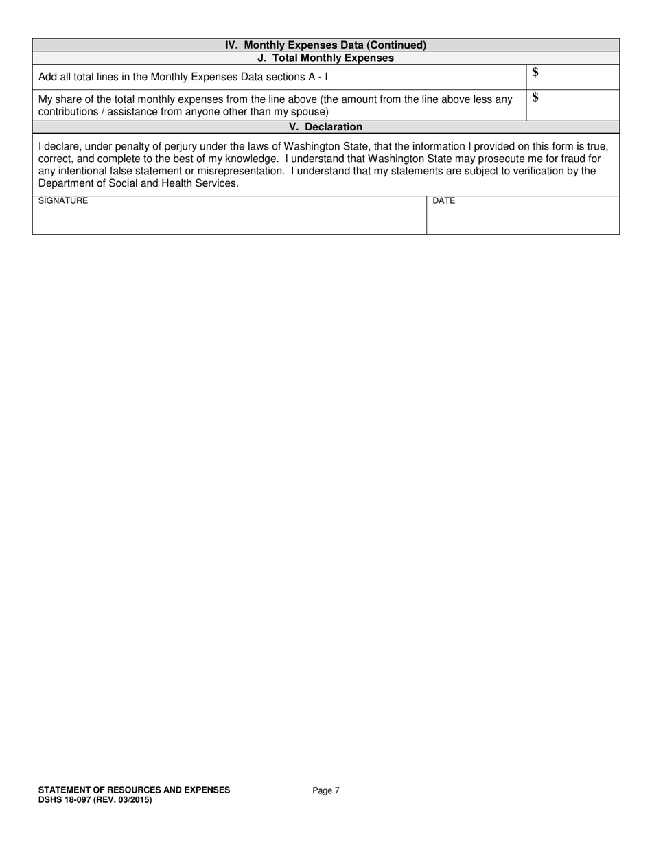 DSHS Form 18-097 Statement of Resources and Expenses - Washington, Page 7