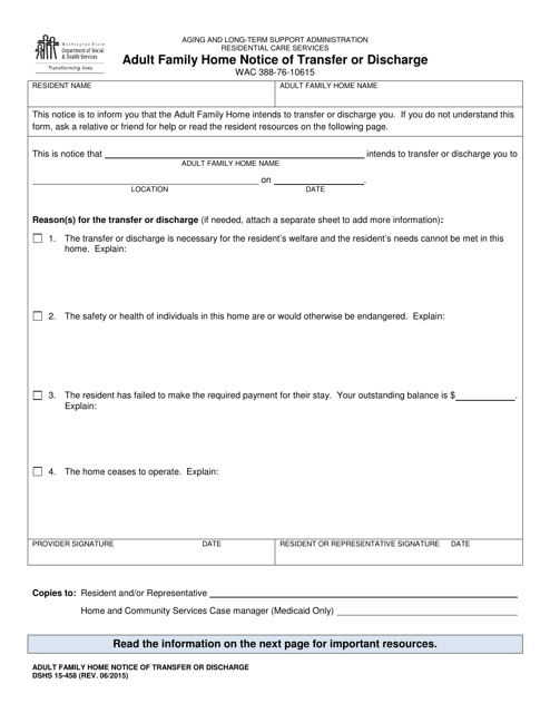 DSHS Form 15-458 Adult Family Home Notice of Transfer or Discharge - Washington