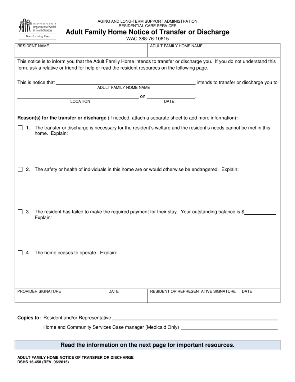 DSHS Form 15-458 Adult Family Home Notice of Transfer or Discharge - Washington, Page 1