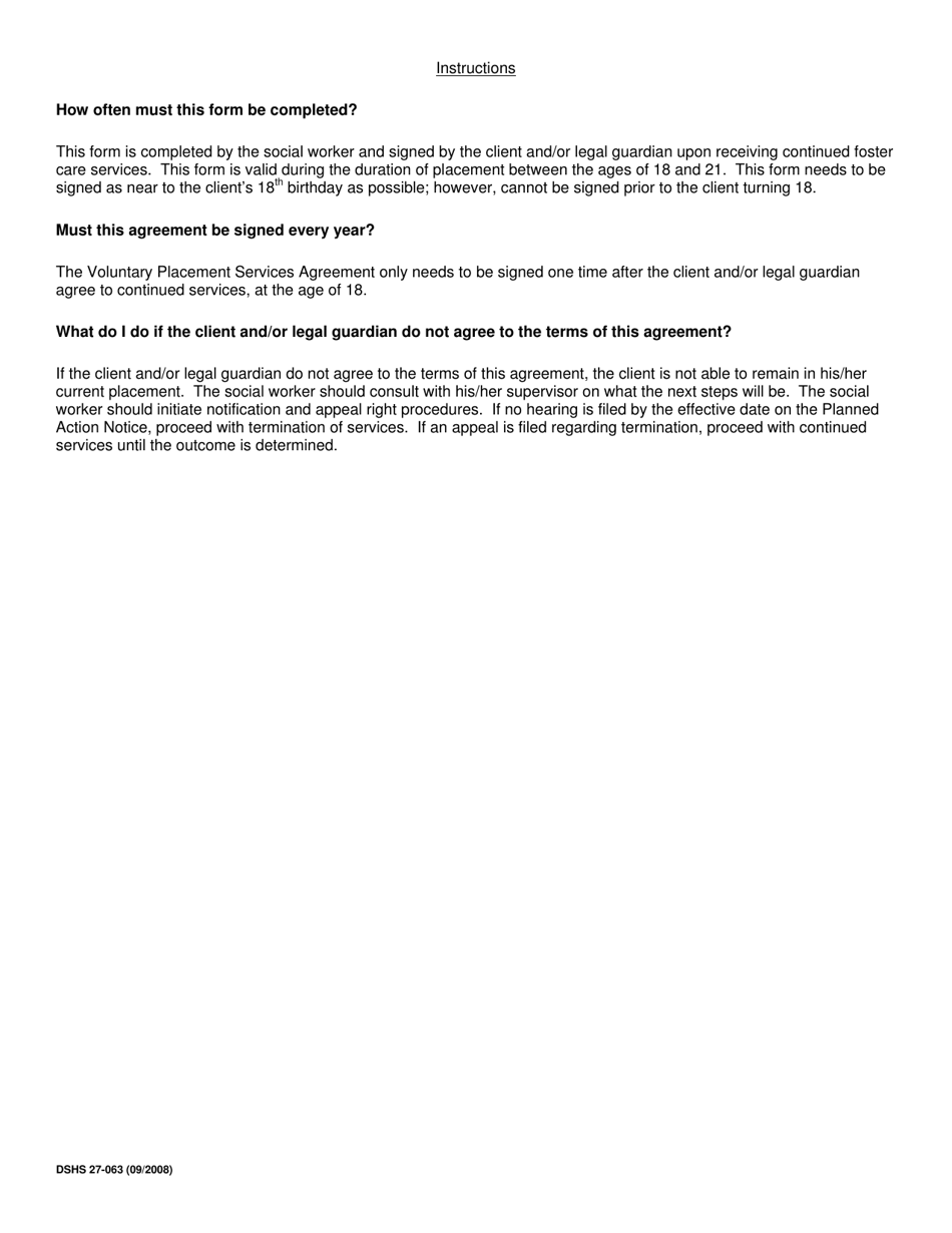 DSHS Form 27-063 Voluntary Placement Services for Youth (Age 18-21) - Washington, Page 2