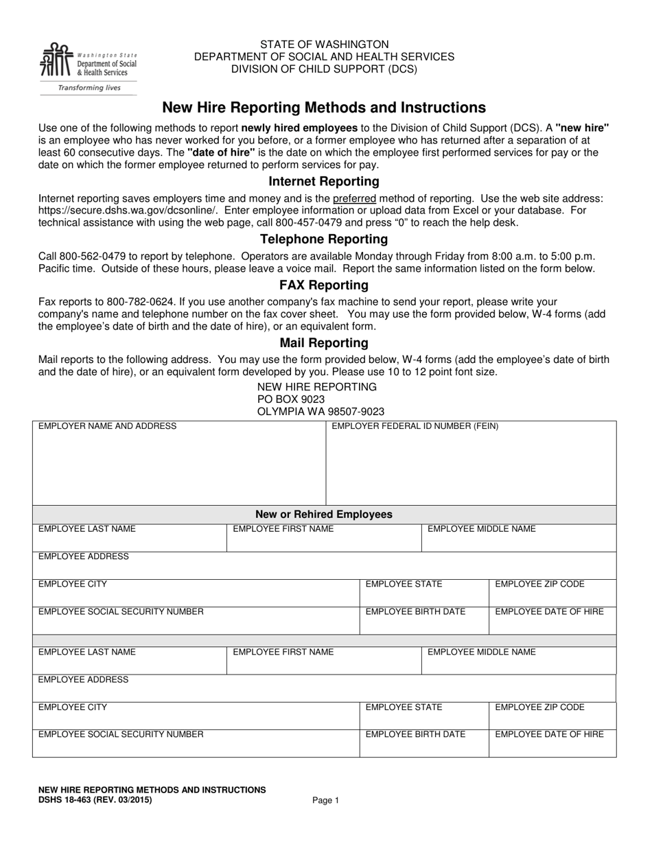 DSHS Form 18-463 New Hire Reporting Methods and Instructions - Washington, Page 1