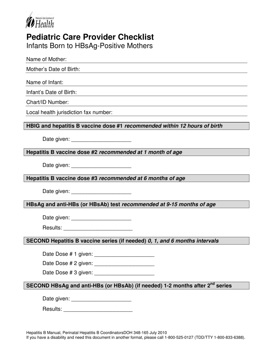 DOH Form 348-165 Pediatric Care Provider Checklist - Infants Born to Hbsag-Positive Mothers - Washington, Page 1