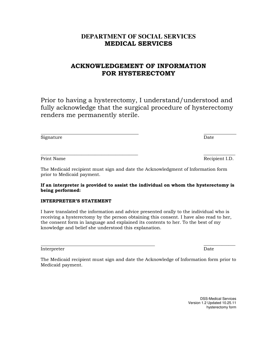 Acknowledgement of Information for Hysterectomy - South Dakota, Page 1