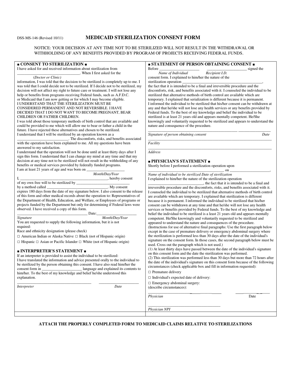 Form DSS-MS-146 Medicaid Sterilization Consent Form - South Dakota, Page 1