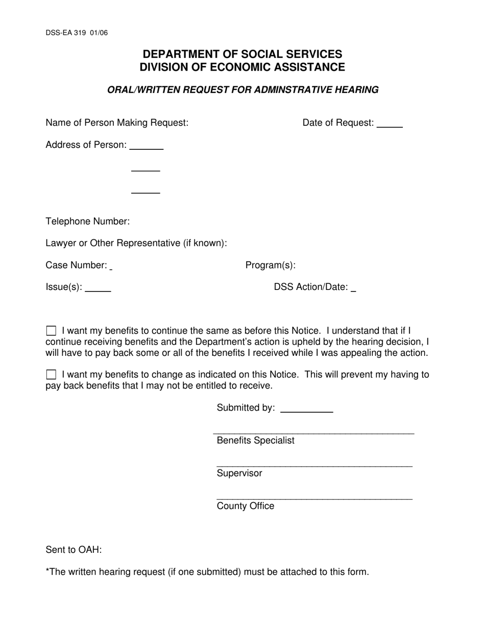 Form DSS-EA-319 Oral / Written Request for Adminstrative Hearing - South Dakota, Page 1