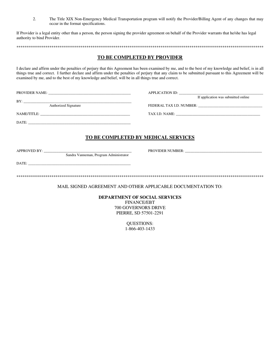 South Dakota Provider Agreement to Participate in the Title Xix Non