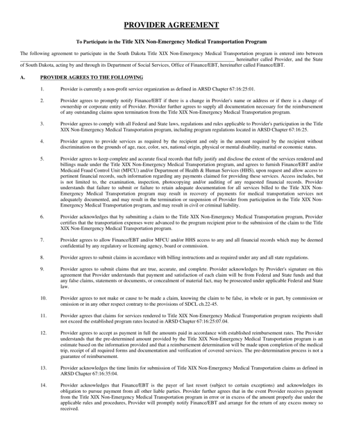 Provider Agreement to Participate in the Title Xix Non-emergency Medical Transportation Program - South Dakota Download Pdf