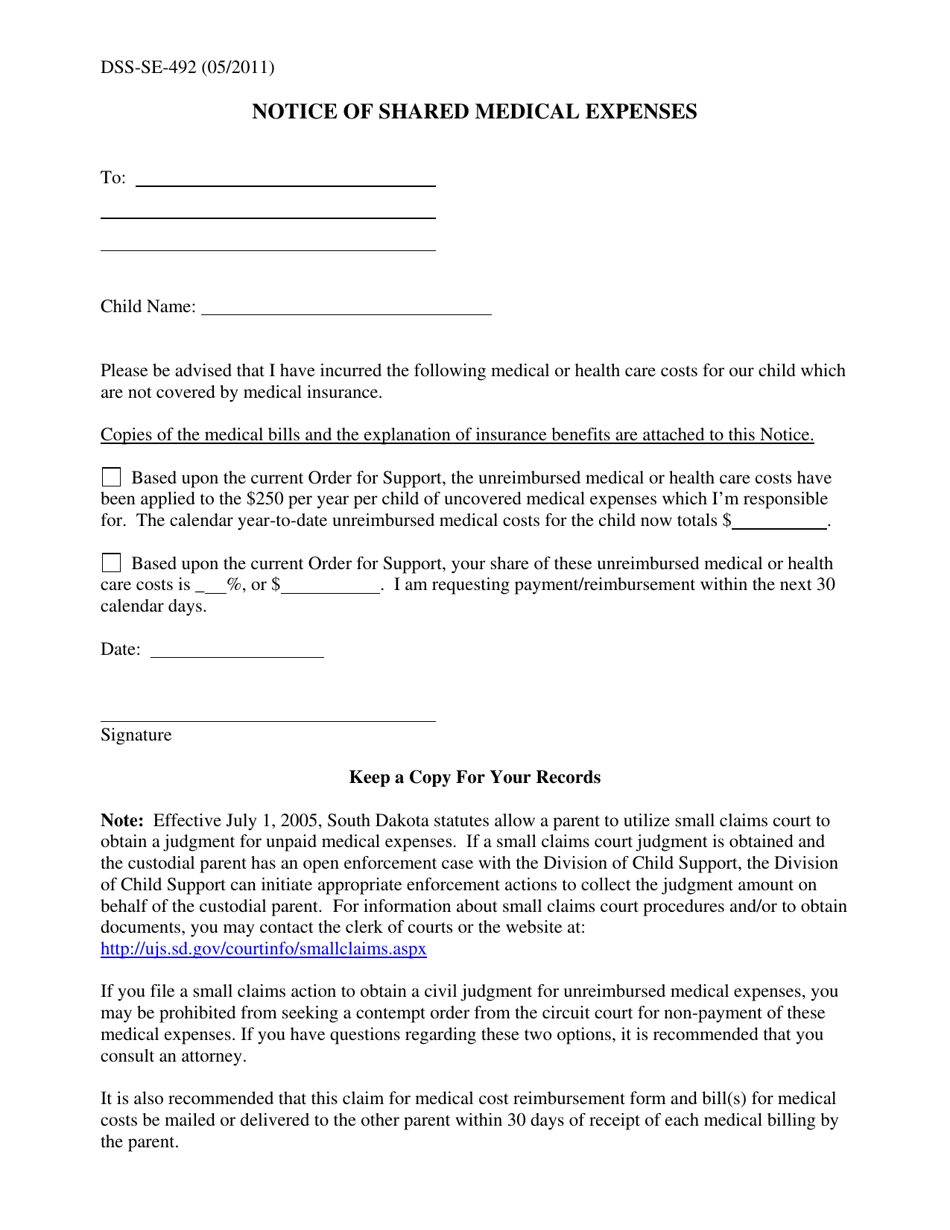 Form DSS-SE-492 Notice of Shared Medical Expenses - South Dakota, Page 1