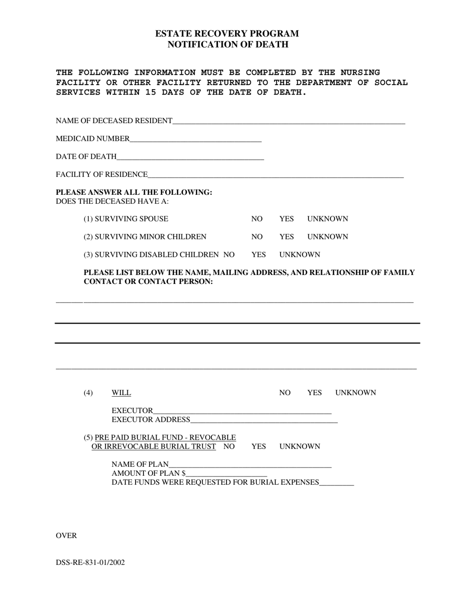 Form DSS-RE-831 Estate Recovery Program Notification of Death - South Dakota, Page 1